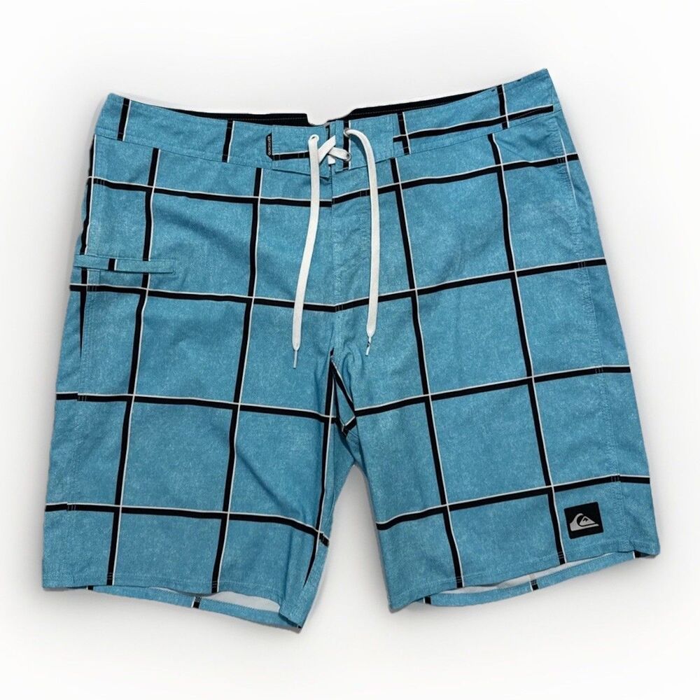 Quiksilver Board Shorts Men's 38 Blue Window Pane Plaid Retro Swim Shorts